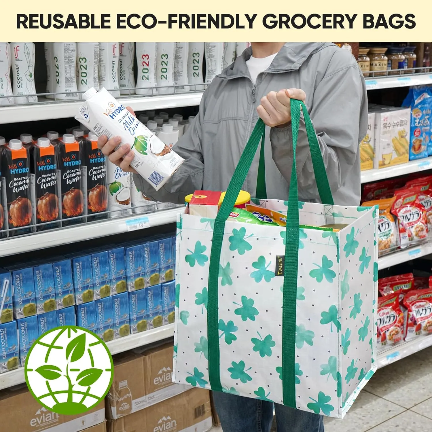 BALEINE 4 PK Grocery Bags Reusable Shopping Bags with Reinforced Bottom, Heavy Duty Foldable Tote Bags (Clover)