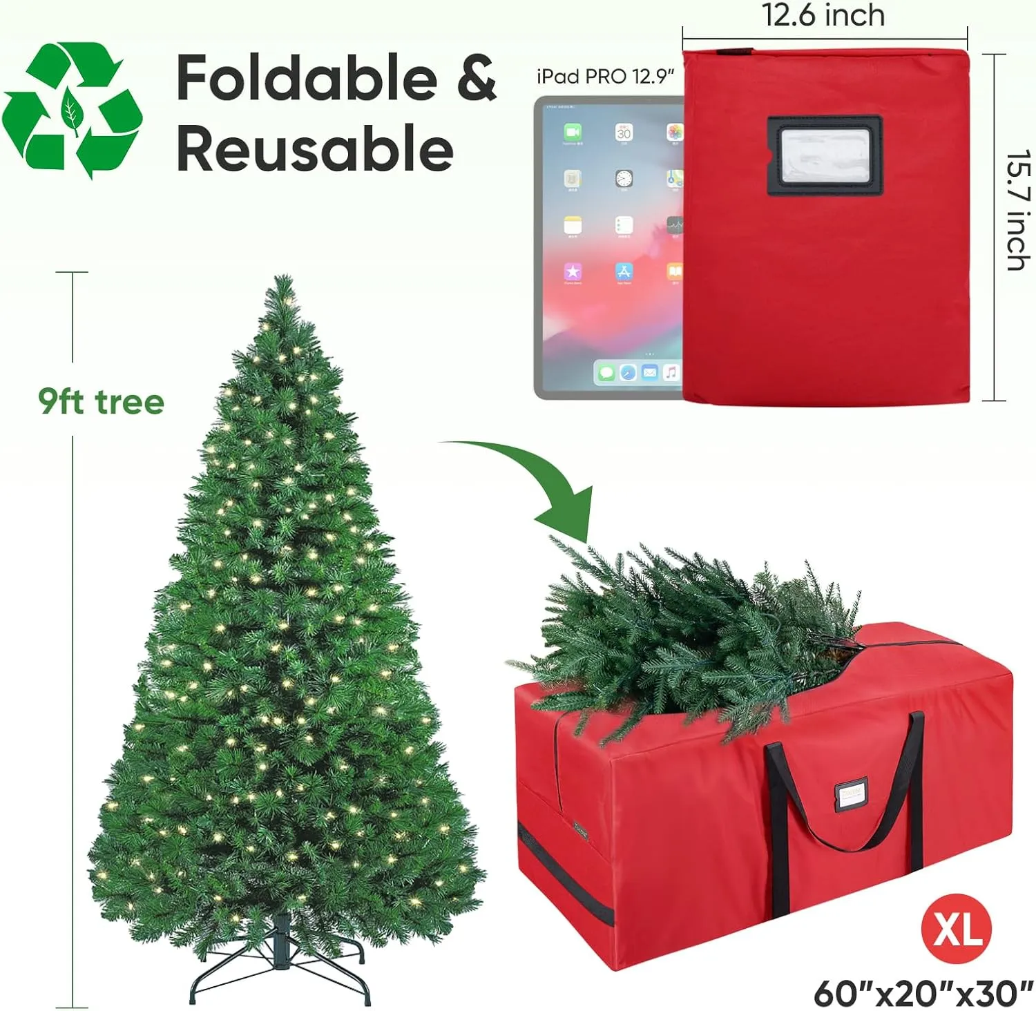 BALEINE 9 ft Christmas Tree Storage Bag, Heavy Duty 900D Oxford Fabric with Reinforced Handles and Dual Zippers Wide Opening, Extra Large Storage Container for Trees and Decorations (Red)