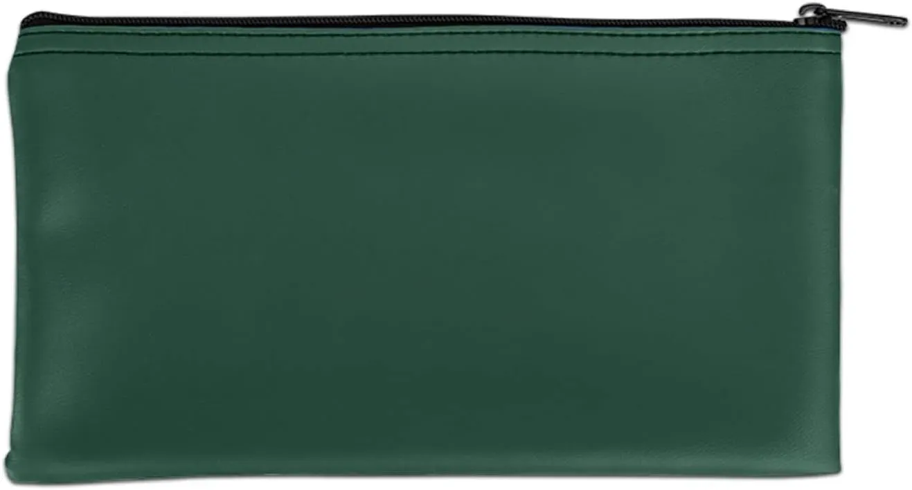 BankSupplies Reusable Deposit Bag | 11” W x 6” H | Vinyl Coating | Forest Green | Double-Stitched Seams | Heavy-Duty Nylon Zipper | Leather-Like Textured Grain | Bank Bags with Zipper