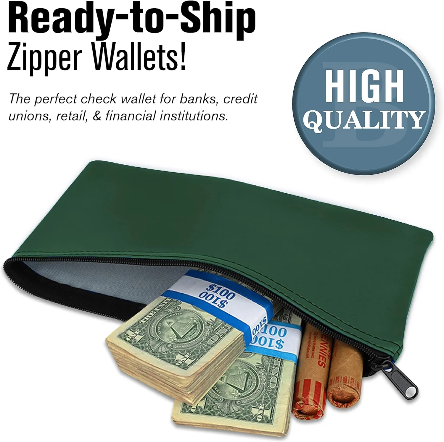 BankSupplies Reusable Deposit Bag | 11” W x 6” H | Vinyl Coating | Forest Green | Double-Stitched Seams | Heavy-Duty Nylon Zipper | Leather-Like Textured Grain | Bank Bags with Zipper