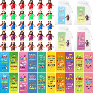 Barydat 50 Sets Christian Gifts Bulk Bible Verse Cards with Small Jesus Figures & Organza Bags for First Communion Vbs Sunday School Baptism Gifts Religious Party Favors(Bible-Holding Style)