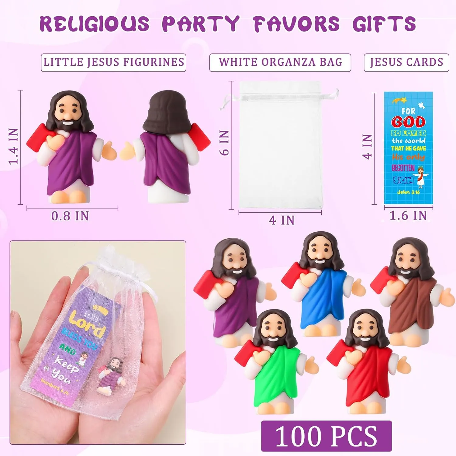 Barydat 50 Sets Christian Gifts Bulk Bible Verse Cards with Small Jesus Figures & Organza Bags for First Communion Vbs Sunday School Baptism Gifts Religious Party Favors(Bible-Holding Style)