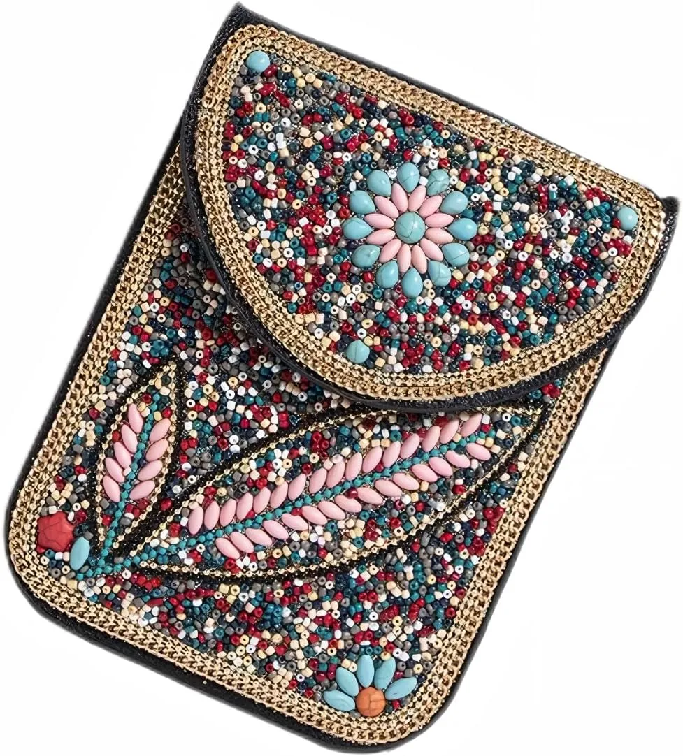 Beaded Cell Phone Crossbody Bag for Women, Boho Small Shoulder Purse Wallet with Beads and Turquoise Design, Adjustable Strap