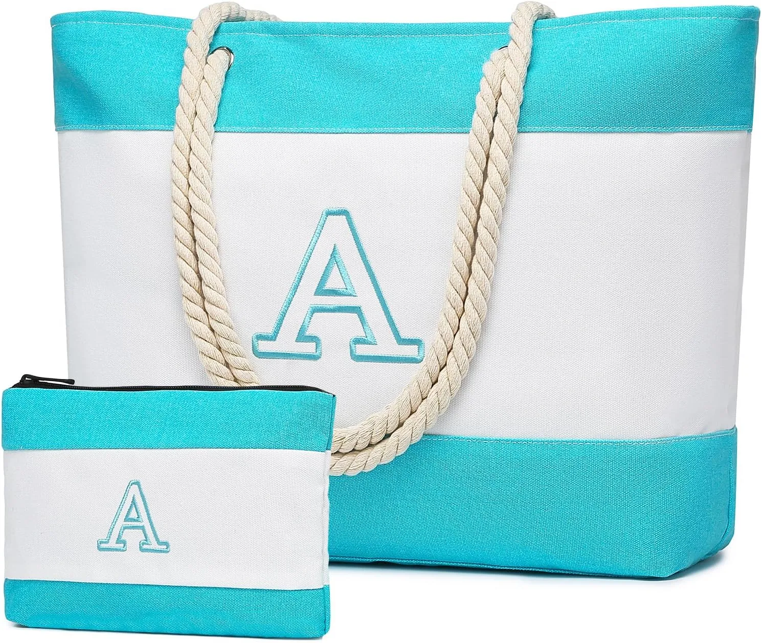 Becokan Initial Beach Bag Waterproof Canvas Beach Tote Bag Zipper Personalized Gifts for Women Her Birthday Travel Essentials