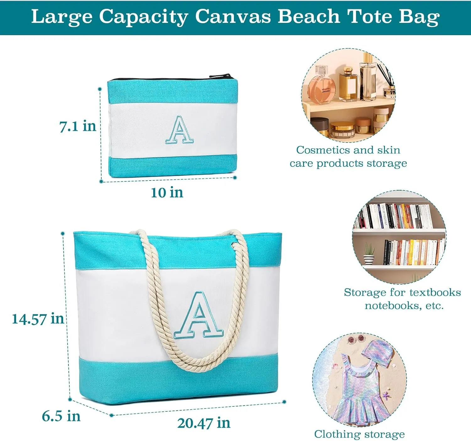 Becokan Initial Beach Bag Waterproof Canvas Beach Tote Bag Zipper Personalized Gifts for Women Her Birthday Travel Essentials