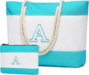 Becokan Initial Beach Bag Waterproof Canvas Beach Tote Bag Zipper Personalized Gifts for Women Her Birthday Travel Essentials