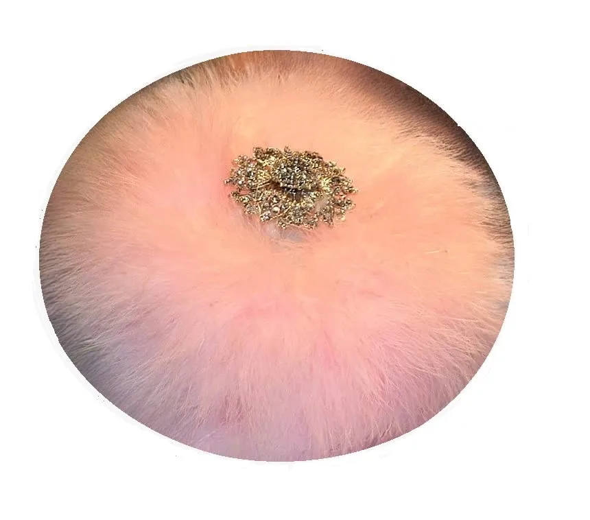 Beige Faux Fur Bath Dusting Powder Puff Trimmed in Pink Marabou ~ Rhinestone Embellished Handle