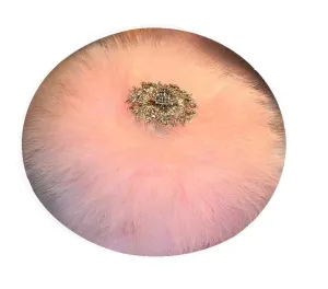 Beige Faux Fur Bath Dusting Powder Puff Trimmed in Pink Marabou ~ Rhinestone Embellished Handle