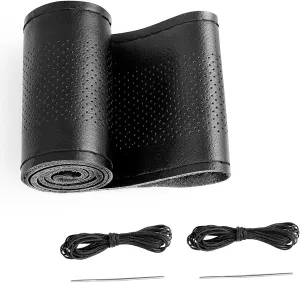BELINOUS Leather Car Steering Wheel Cover, Stitch On Wrap (Size M3, Black)