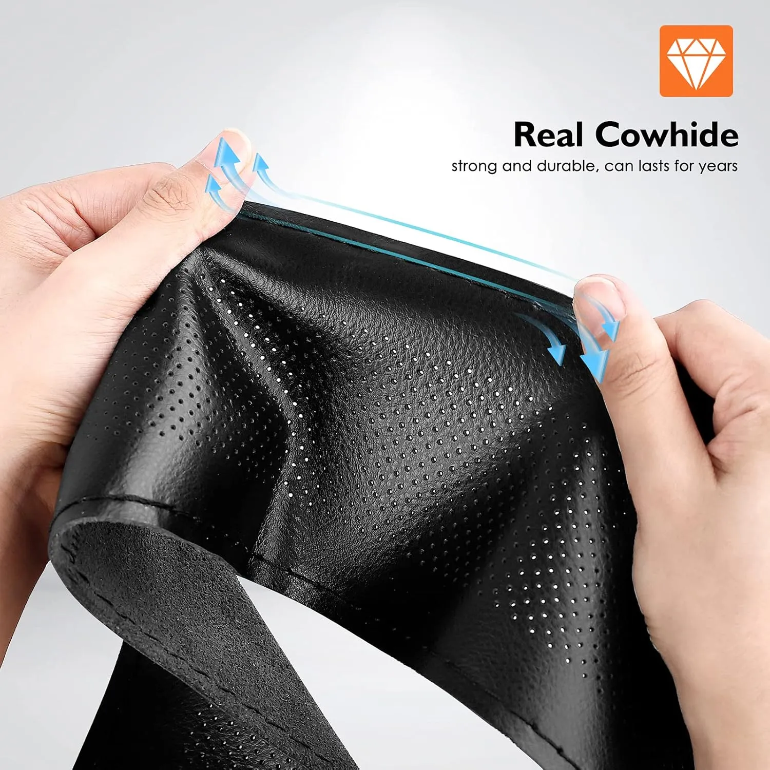 BELINOUS Leather Car Steering Wheel Cover, Stitch On Wrap (Size M3, Black)