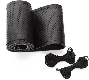 BELINOUS Universal Leather Car Steering Wheel Cover, Stitch On Wrap (Size L4, Black)