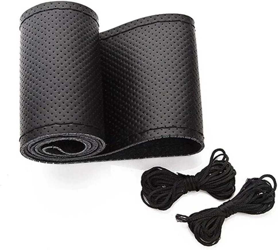 BELINOUS Universal Leather Car Steering Wheel Cover, Stitch On Wrap (Size L4, Black)