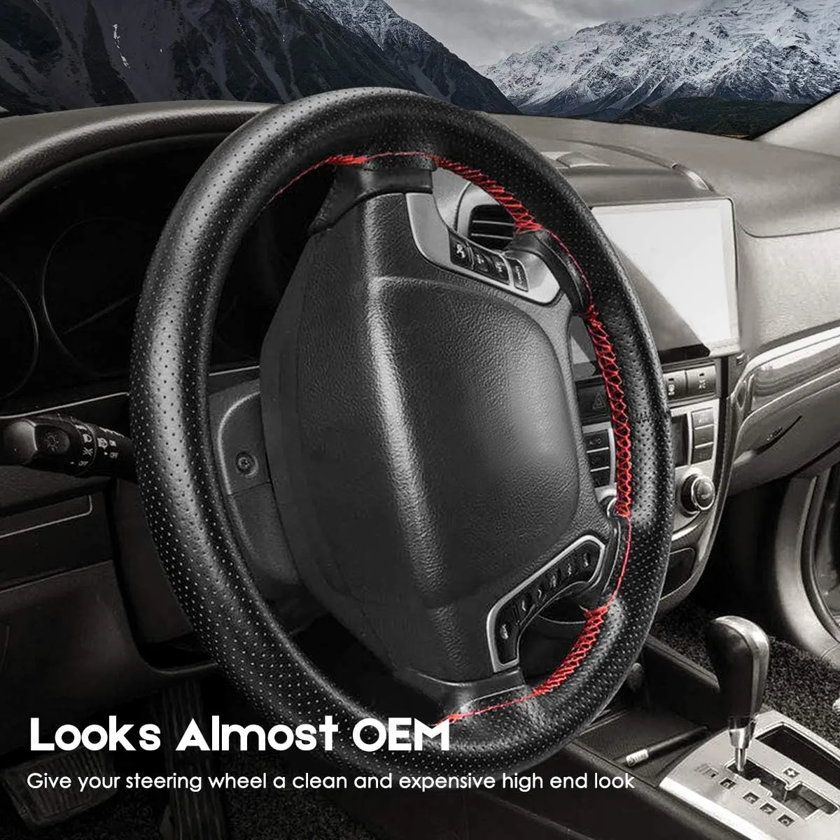 BELINOUS Universal Leather Car Steering Wheel Cover, Stitch On Wrap (Size L4, Black)