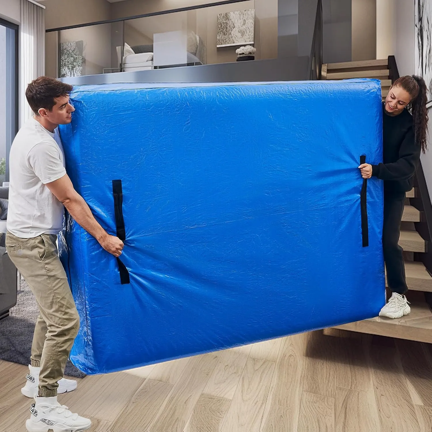 BETU Mattress Bags for Moving, Mattress Protector Waterproof Mattress Cover Full Size Storage Bags with 8 Heavy-Duty Handles and Zipper for Bed Extra Thick Large Reusable (2 Pack, 77"x57"x15" Blue)