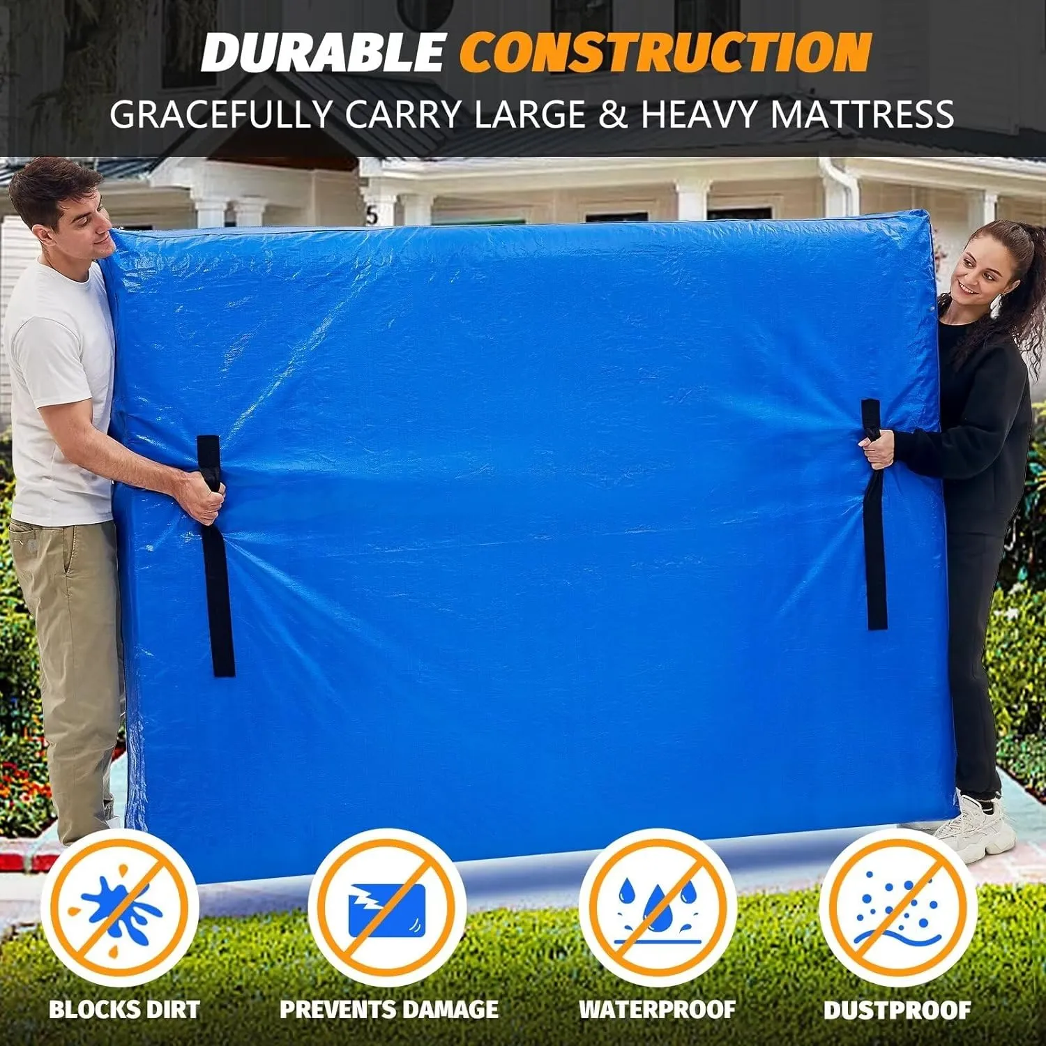 BETU Mattress Bags for Moving, Mattress Protector Waterproof Mattress Cover Full Size Storage Bags with 8 Heavy-Duty Handles and Zipper for Bed Extra Thick Large Reusable (2 Pack, 77"x57"x15" Blue)