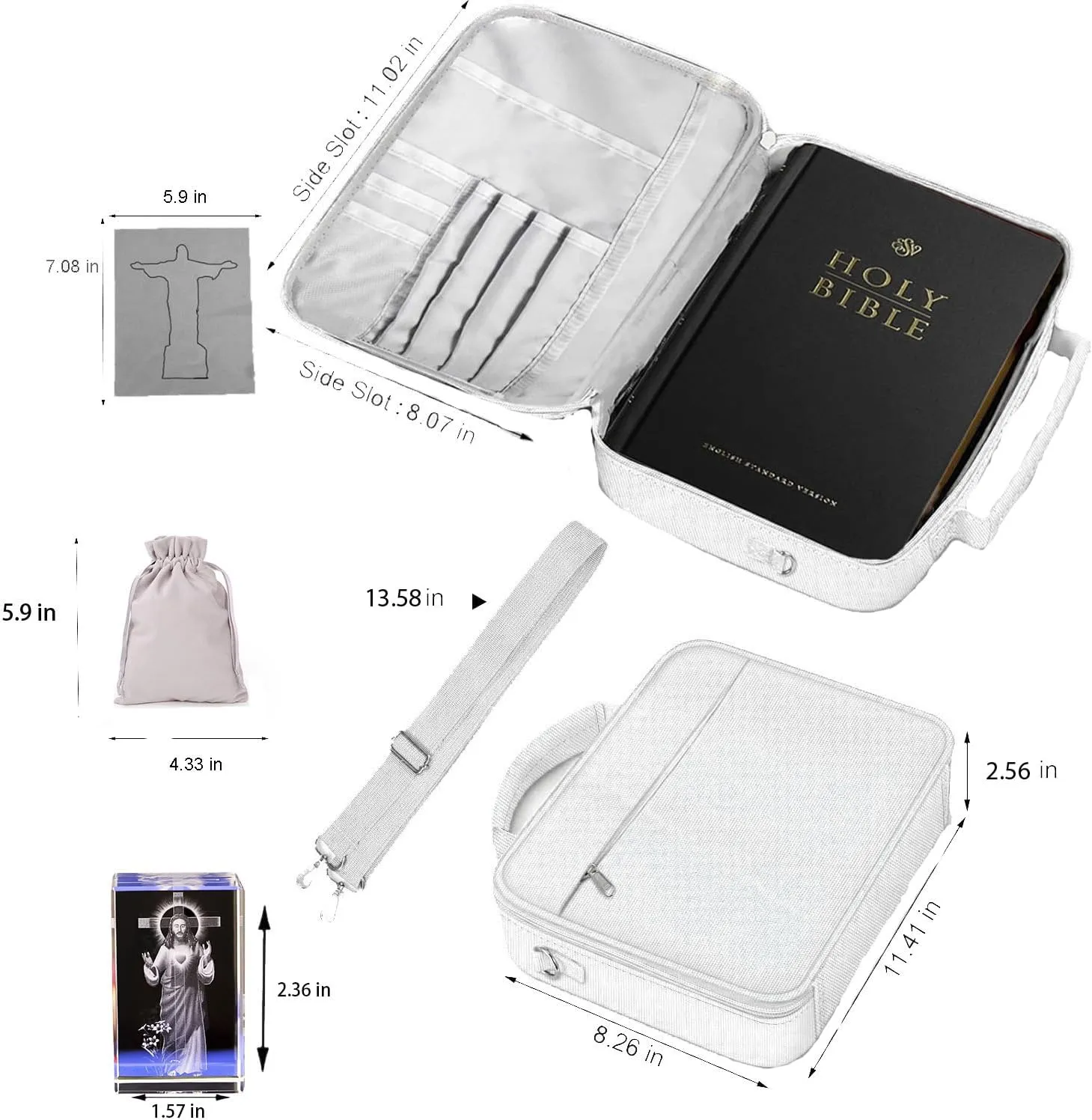 Bible Cover,Book Protection Handbag Carrying Case Church Bag,Shoulder Strap Zipper Pocket Pen Holder with 3D Engraved Crystal About Religious Classic Scenes