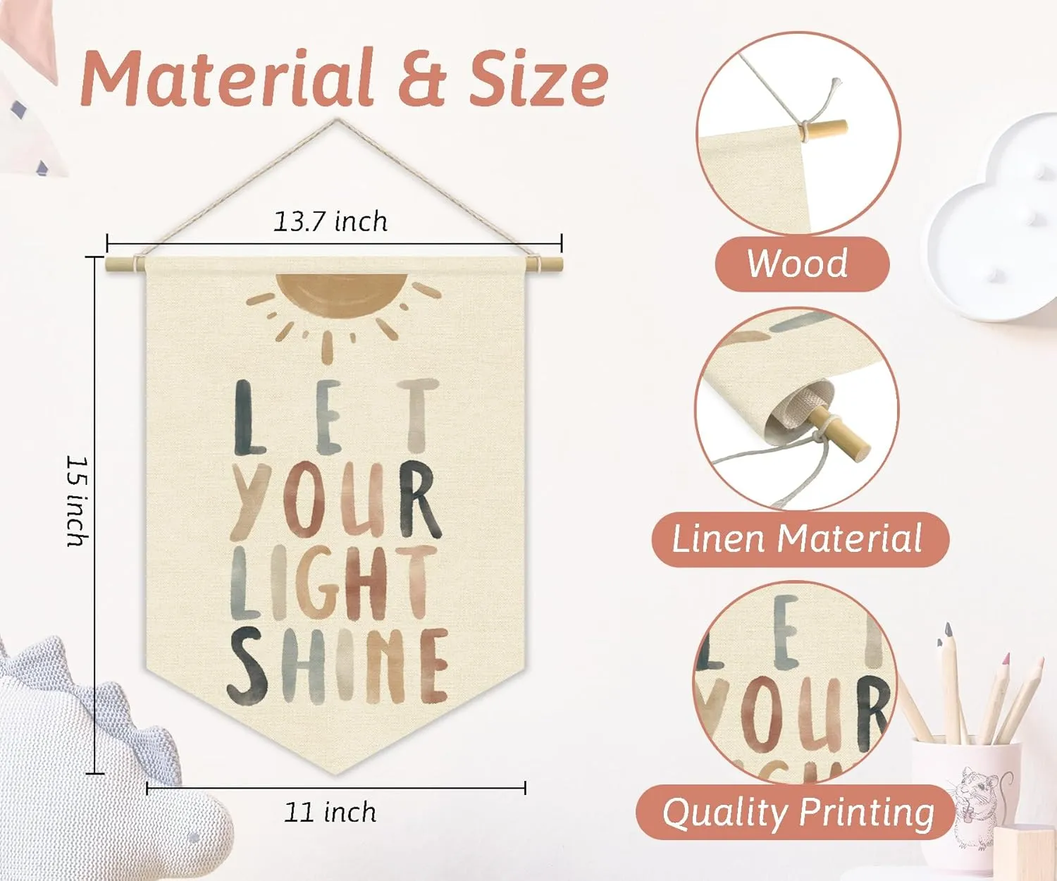 Bible Verses for Nursery Decor,Let Your Light Shine for Kids Wall Art Canvas Banner,Inspirational Christian Wall Hanging Pennant Flag Canvas Banner for Classroom Playroom Bedroom 15x11in