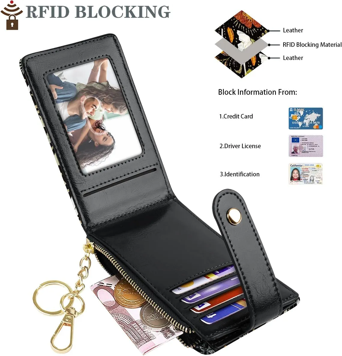 Bifold Wallet RFID Credit Card Wallet Card Holder for Women or Men with Keychain Zipper Pocket,Dried Flowers