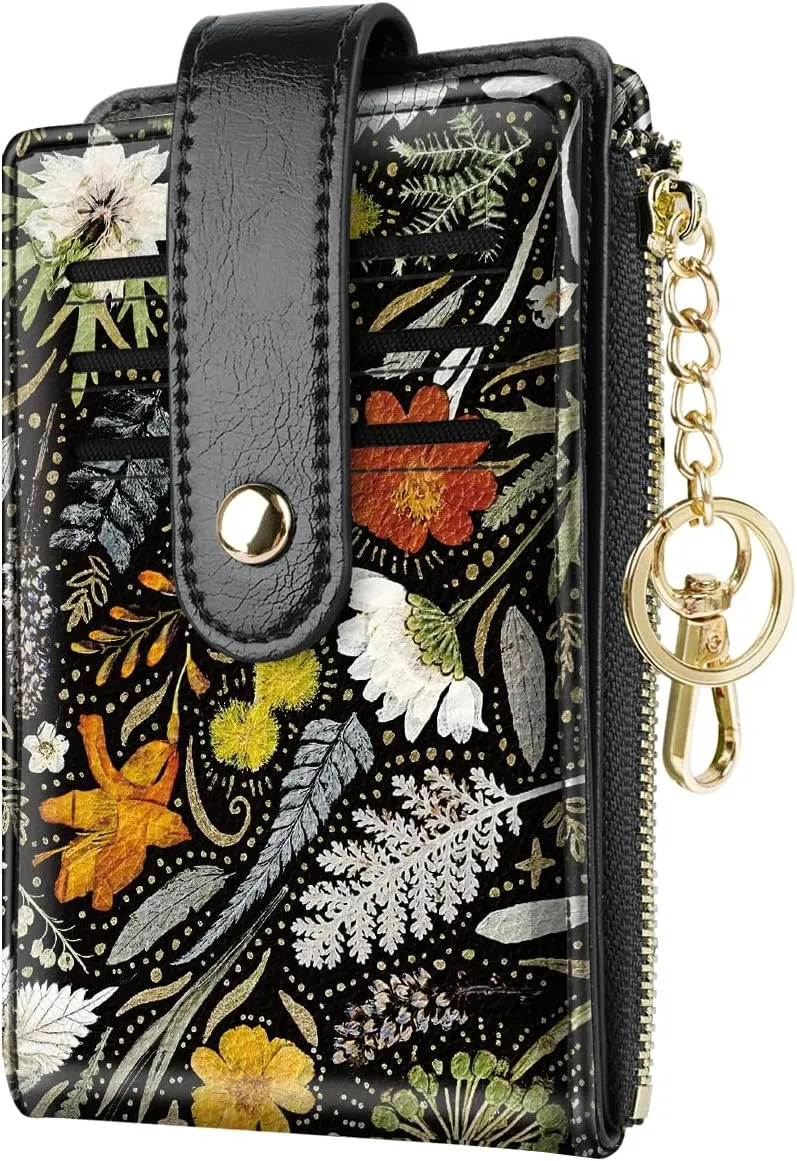 Bifold Wallet RFID Credit Card Wallet Card Holder for Women or Men with Keychain Zipper Pocket,Dried Flowers