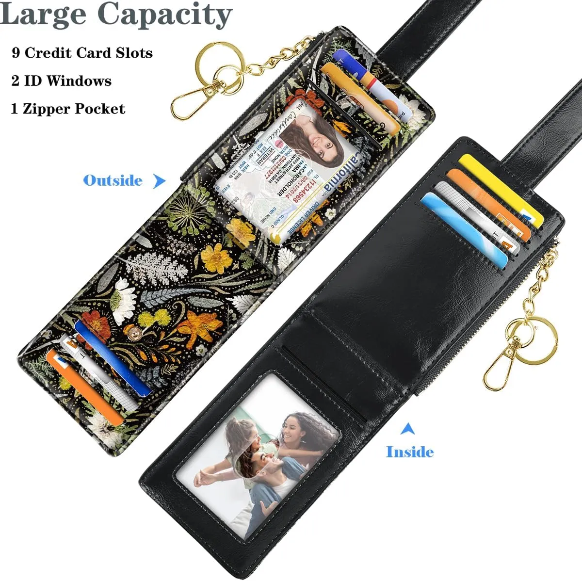 Bifold Wallet RFID Credit Card Wallet Card Holder for Women or Men with Keychain Zipper Pocket,Dried Flowers
