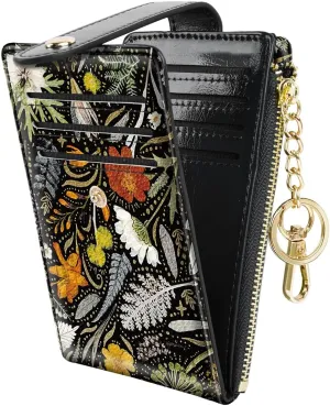 Bifold Wallet RFID Credit Card Wallet Card Holder for Women or Men with Keychain Zipper Pocket,Dried Flowers