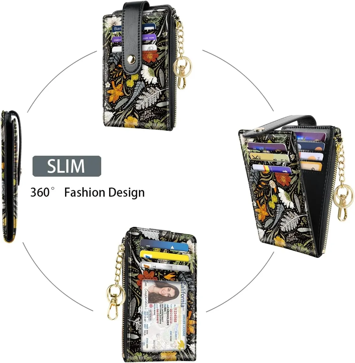Bifold Wallet RFID Credit Card Wallet Card Holder for Women or Men with Keychain Zipper Pocket,Dried Flowers