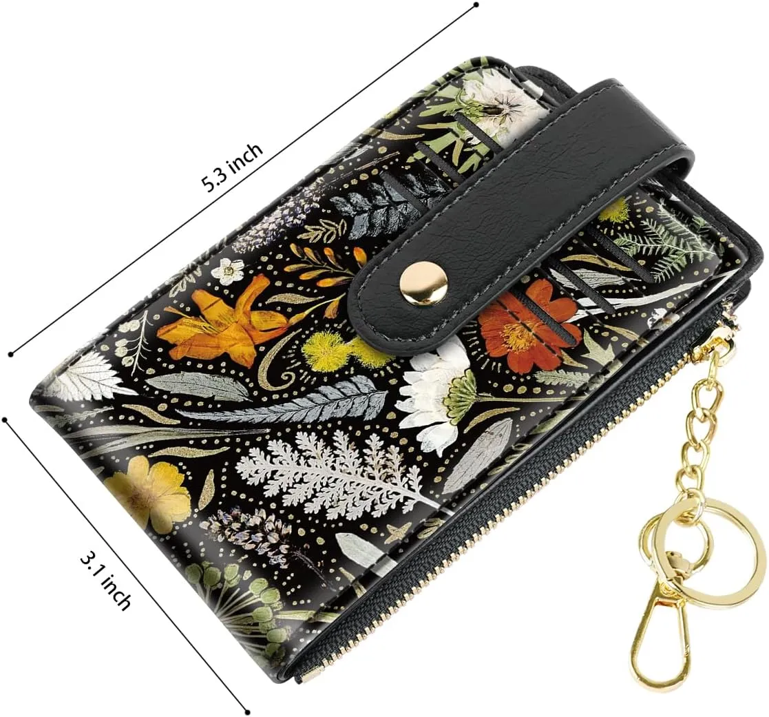 Bifold Wallet RFID Credit Card Wallet Card Holder for Women or Men with Keychain Zipper Pocket,Dried Flowers