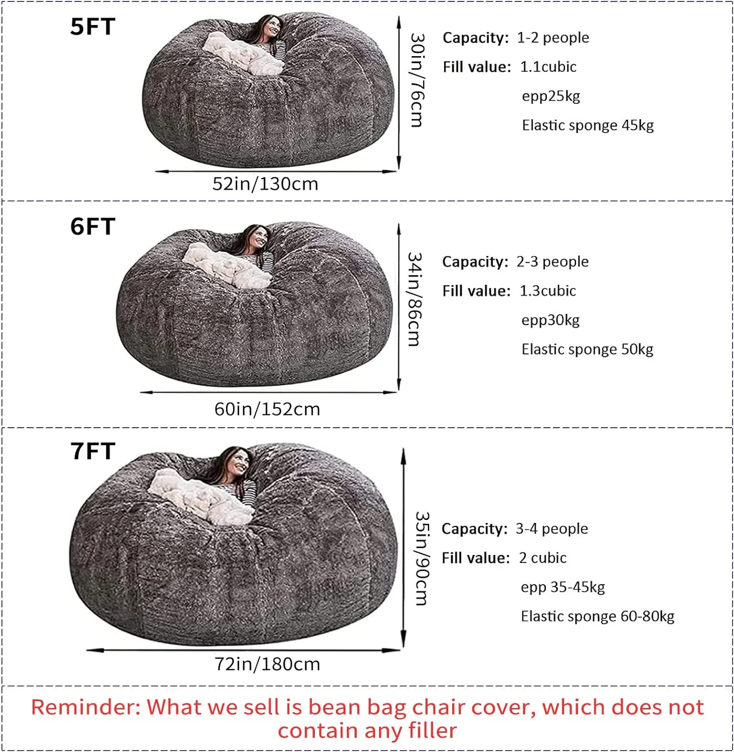 Big Huge Giant Bean Bag Chair for Adults, (No Filler) Bean Bag Chairs in Multiple Sizes and Colors Giant Foam-Filling Required- Machine Washable Covers, Double Stitched Seams (Coffee,7FT)