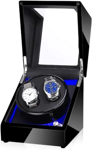 Black Watch Winder Box for Double Automatic Watches, Automatic Winder Case, with Blue LED Light, Super Quiet Motor Watch Winder for Automatic Watches A