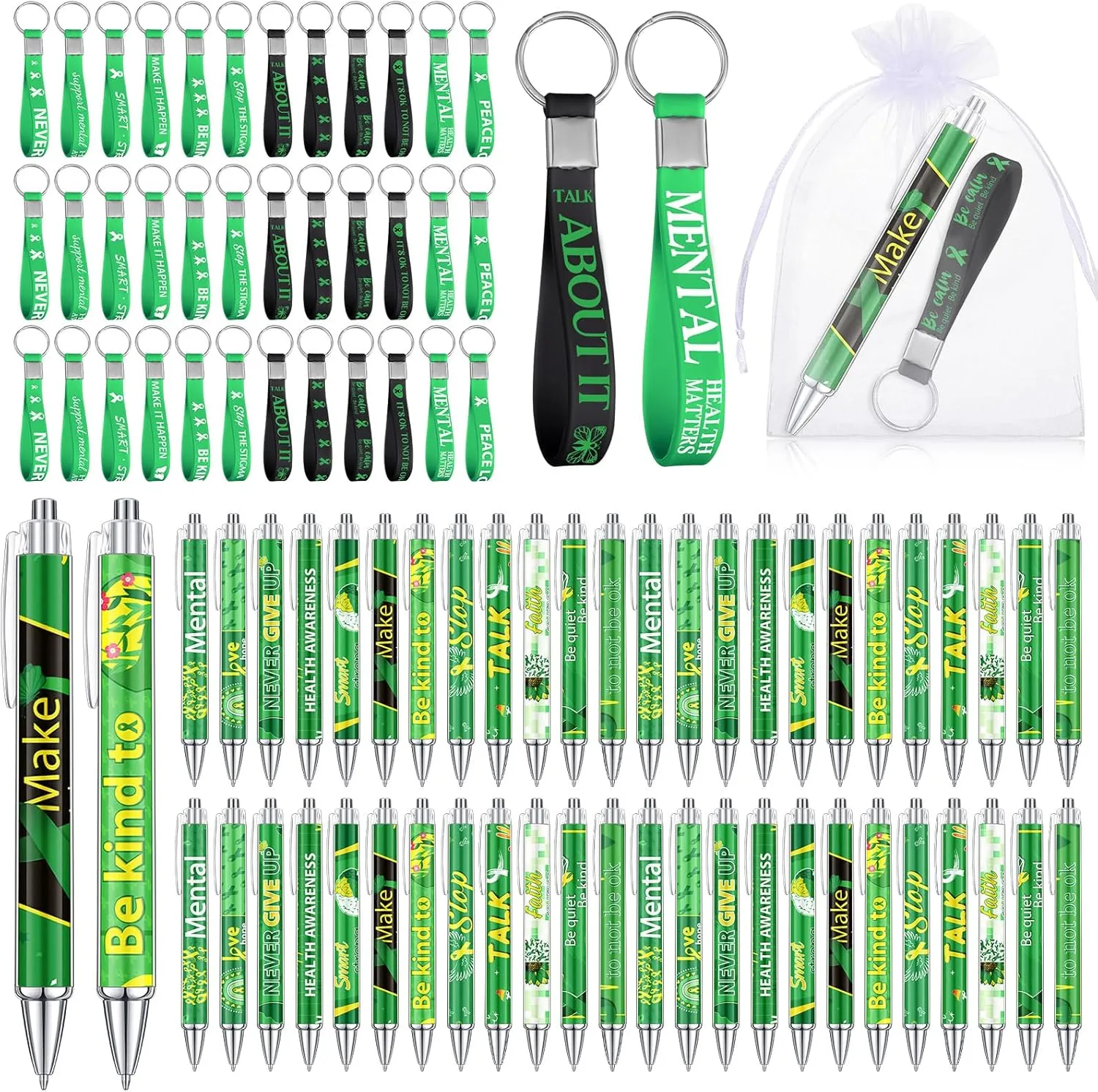 Blosssound 144 Pcs Mental Health Awareness Gifts Bulk Include Mental Health Silicone Keychains Ballpoint Pens with Inspirational Quotes Organza Bags Green Ribbon Awareness Items for Men Women Support