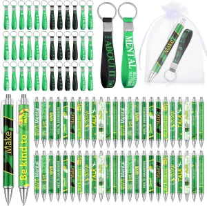 Blosssound 144 Pcs Mental Health Awareness Gifts Bulk Include Mental Health Silicone Keychains Ballpoint Pens with Inspirational Quotes Organza Bags Green Ribbon Awareness Items for Men Women Support