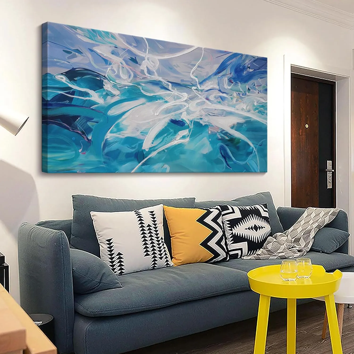 Blue Abstract Wall Art Modern Canvas Wall Paintings White Abstract Art for Living Room Pictures for Bedroom Wall Decor Office Home Decor Framed Artwork for Walls 29×58IN