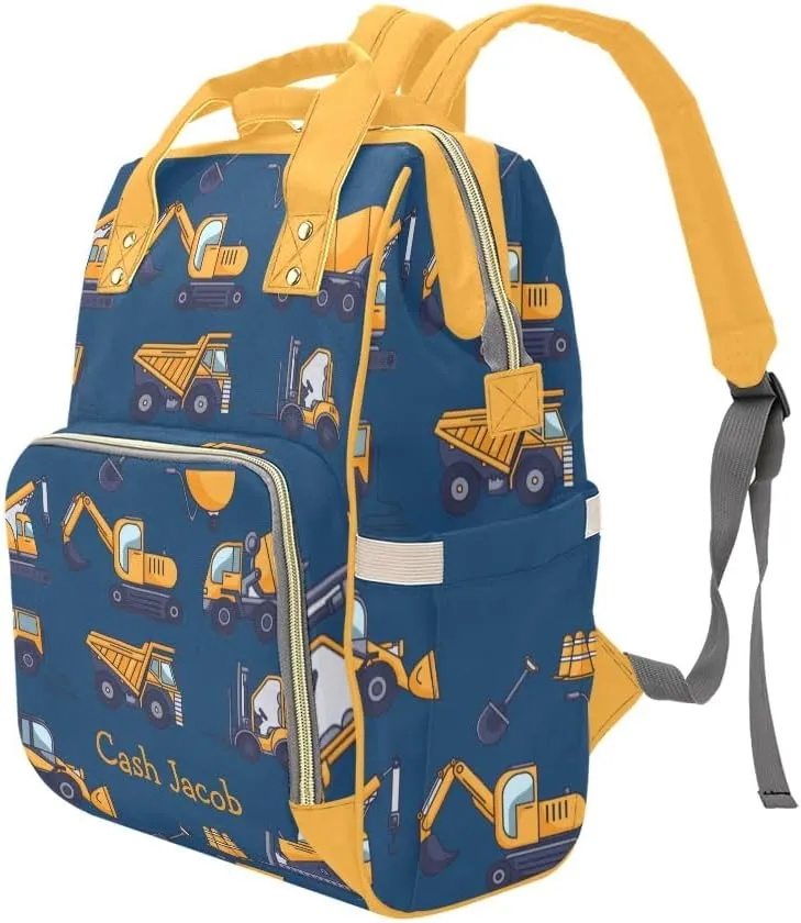 Blue Construction Machinery Personalized Diaper Bag Backpack,Custom Name Multi Function Diaper Backpack Baby Nappy Bag Mommy Bag Gift