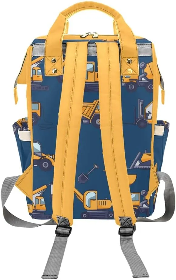 Blue Construction Machinery Personalized Diaper Bag Backpack,Custom Name Multi Function Diaper Backpack Baby Nappy Bag Mommy Bag Gift