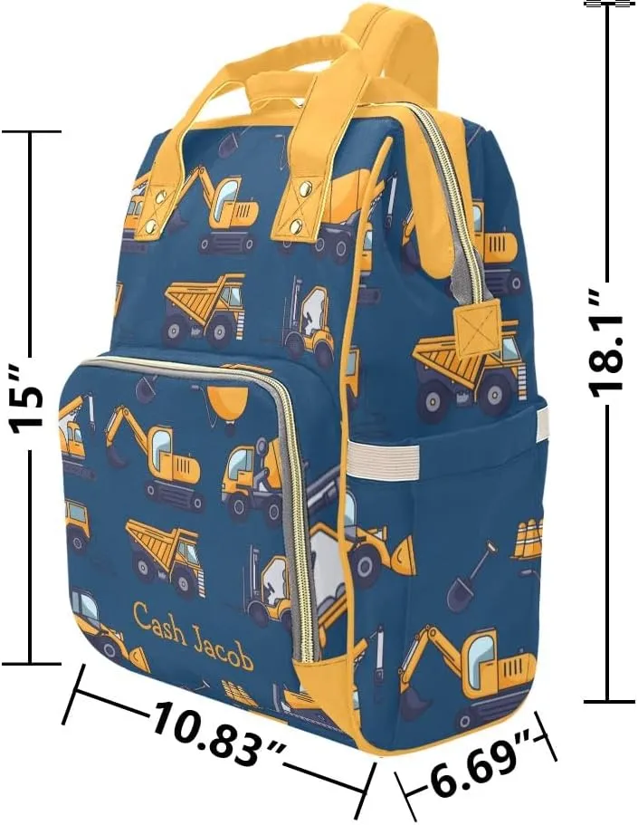Blue Construction Machinery Personalized Diaper Bag Backpack,Custom Name Multi Function Diaper Backpack Baby Nappy Bag Mommy Bag Gift