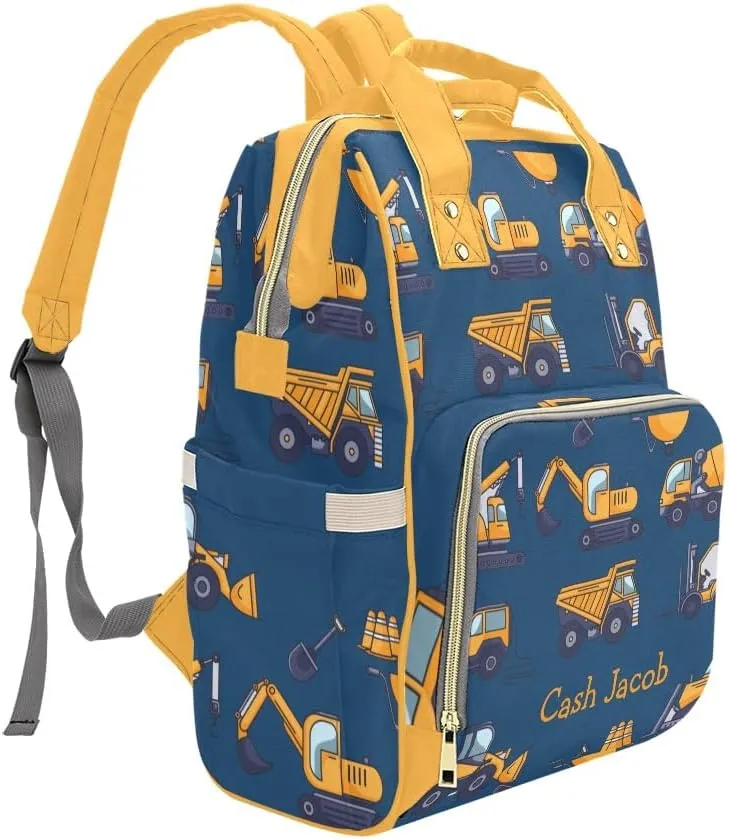 Blue Construction Machinery Personalized Diaper Bag Backpack,Custom Name Multi Function Diaper Backpack Baby Nappy Bag Mommy Bag Gift