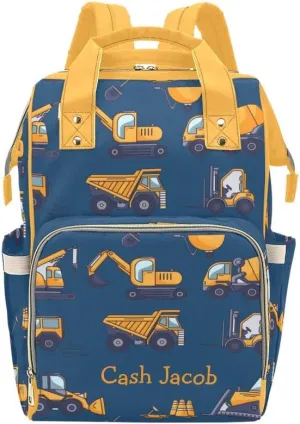 Blue Construction Machinery Personalized Diaper Bag Backpack,Custom Name Multi Function Diaper Backpack Baby Nappy Bag Mommy Bag Gift