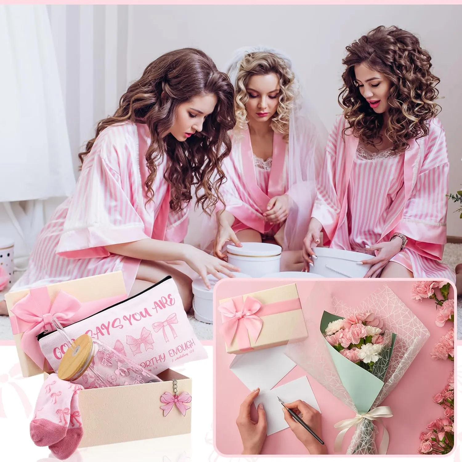 Boao 5 Pcs Pink Coquette Gift Set with Glass Cup, Socks, Cosmetic Bag Keychain Coquette Stuff Thank You Gift Box for Girls Women