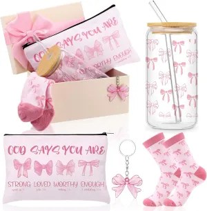 Boao 5 Pcs Pink Coquette Gift Set with Glass Cup, Socks, Cosmetic Bag Keychain Coquette Stuff Thank You Gift Box for Girls Women