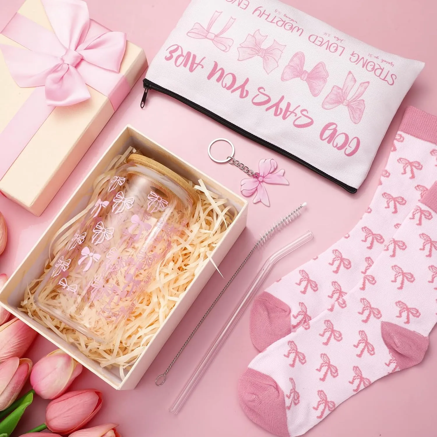 Boao 5 Pcs Pink Coquette Gift Set with Glass Cup, Socks, Cosmetic Bag Keychain Coquette Stuff Thank You Gift Box for Girls Women