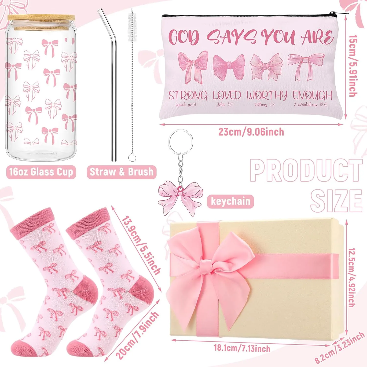 Boao 5 Pcs Pink Coquette Gift Set with Glass Cup, Socks, Cosmetic Bag Keychain Coquette Stuff Thank You Gift Box for Girls Women