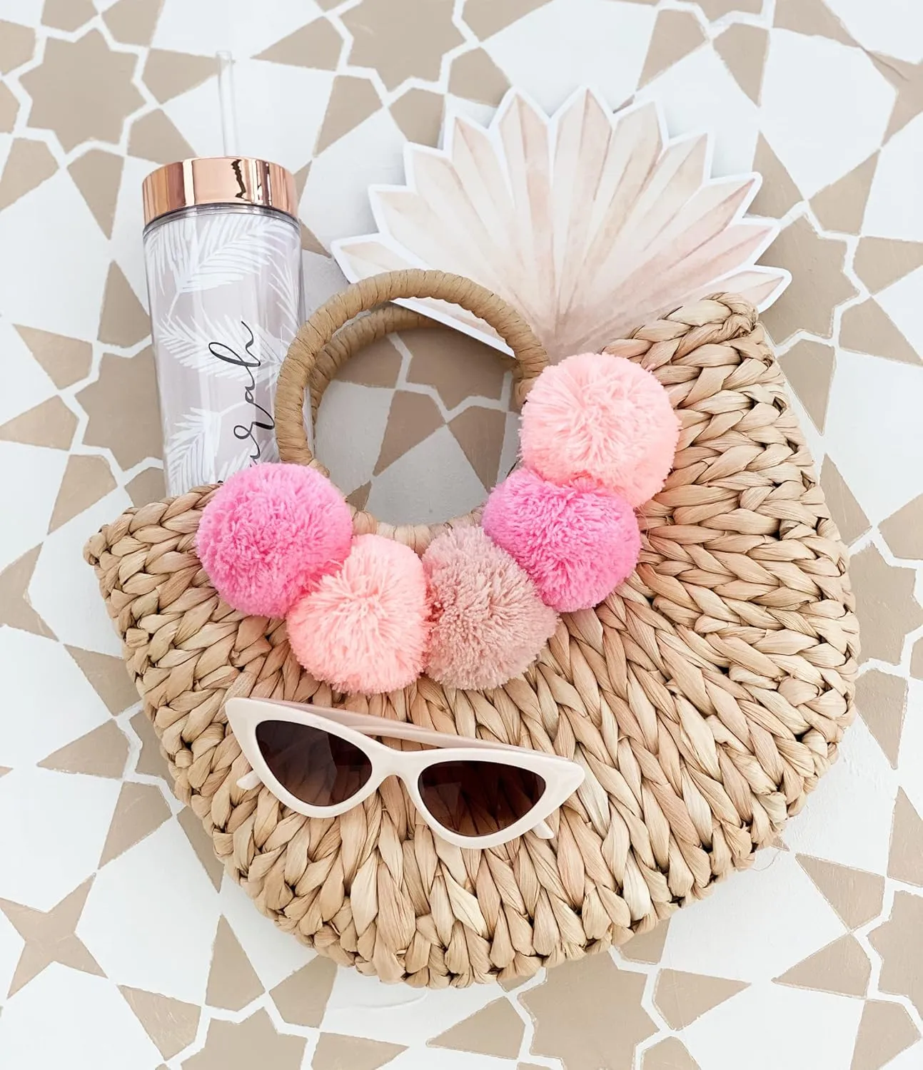 Boho Chic Straw Bag with Pom Poms Hand-Woven Sound Handle Purse Summer Beach Bag for Women