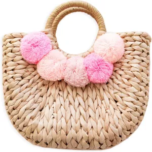 Boho Chic Straw Bag with Pom Poms Hand-Woven Sound Handle Purse Summer Beach Bag for Women