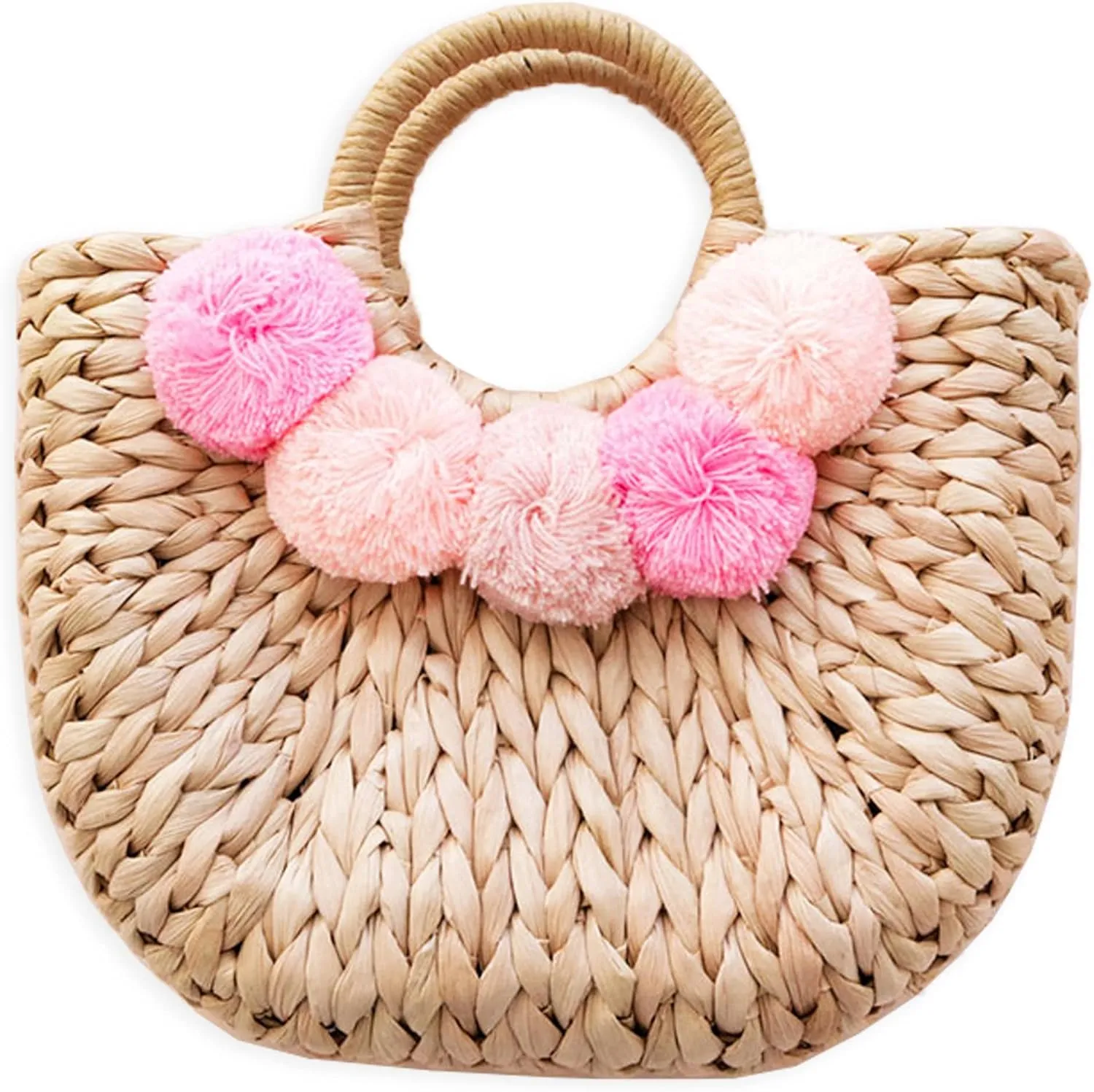 Boho Chic Straw Bag with Pom Poms Hand-Woven Sound Handle Purse Summer Beach Bag for Women