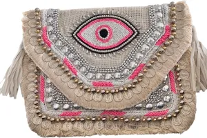 Boho Evil Eye Crossbody Bag, Embellished Banjara Style, Off White and Pink, Handmade Designer Purse, Designer Bag, Stylish Bohemian Crossbody Purse, Ideal for Festivals, Weddings and Casual Outings