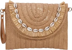 Boho Straw Clutch Purse for Women – Woven Crossbody Bag with Detachable Strap, Summer Beach Handbag, Casual Envelope Shoulder Bag