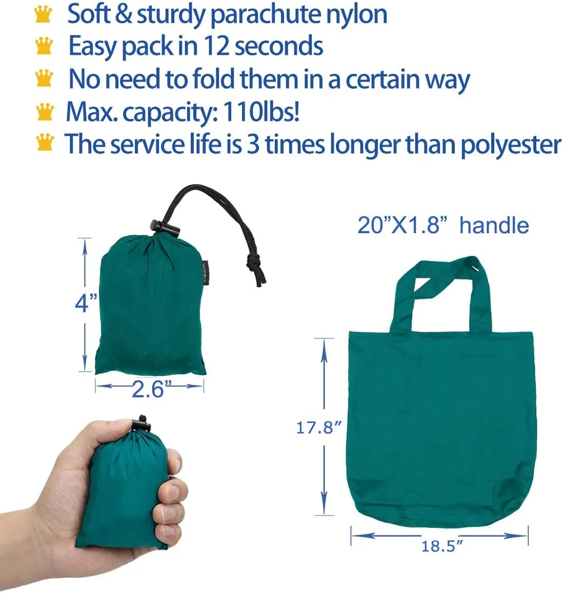 BROWINT Nylon Reusable Grocery Bag (3 pack), Nylon Heavy Duty Tote Bags 110 lbs, 19"x 19" Large Shopping bag, Foldable