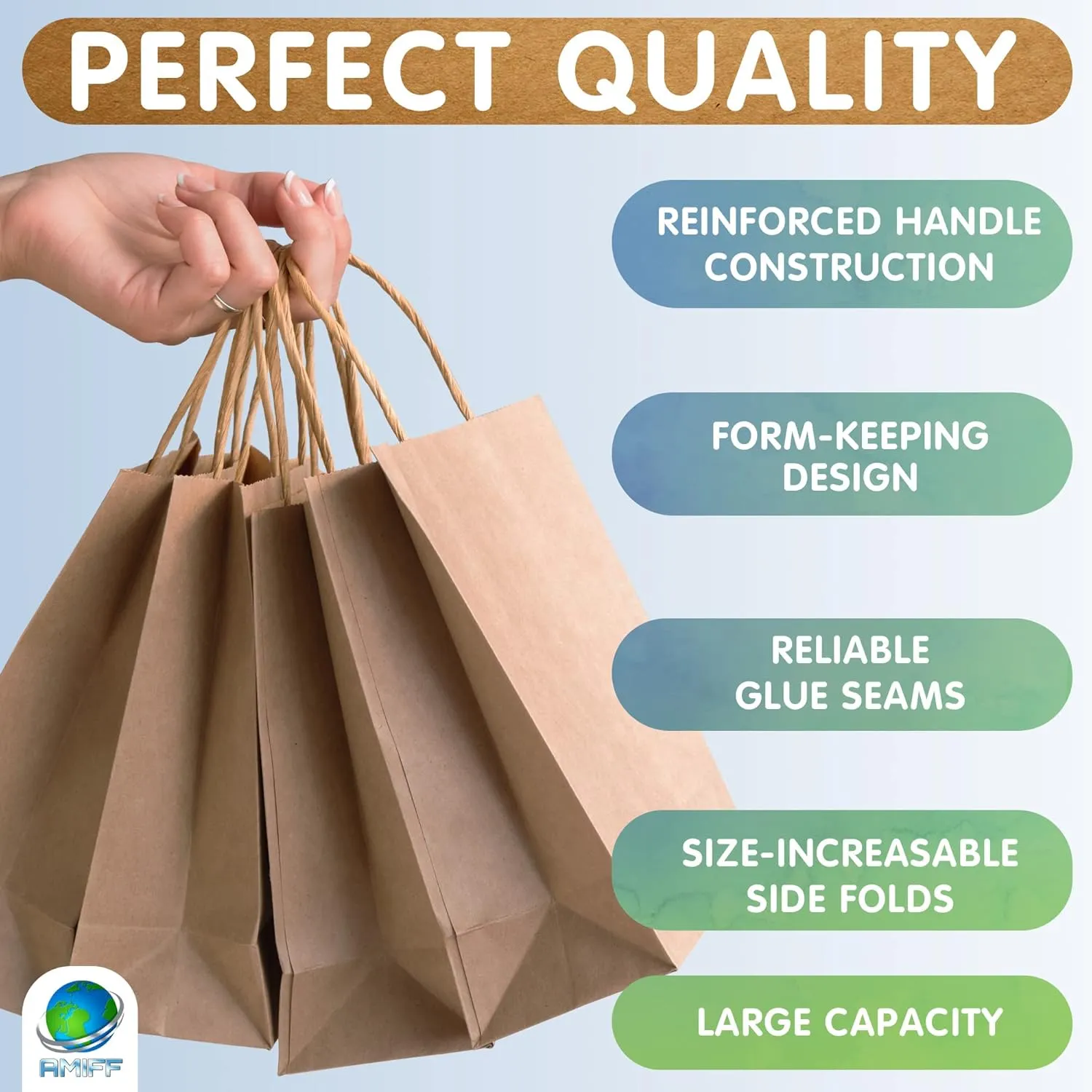 Brown Kraft Paper Bags with Handles Bulk, 13 x 7 x 17 Inch. Pack of 25 Foldable Shopping Bag, 150 GSM. Kraft Paper Gift Bags with Handles. Gift Gag Bulk for Wedding favors, Valentines Day