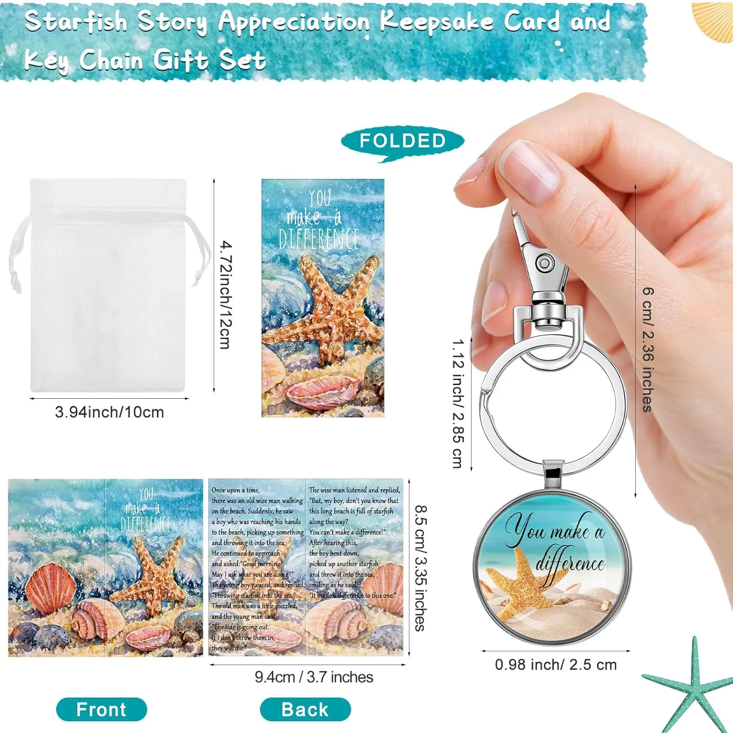 Bucherry 30 Sets Starfish Story Gifts Appreciation Keychains You Make a Difference Cards with Organza Bags for Employee Coworker Staff Thank You Party Favors