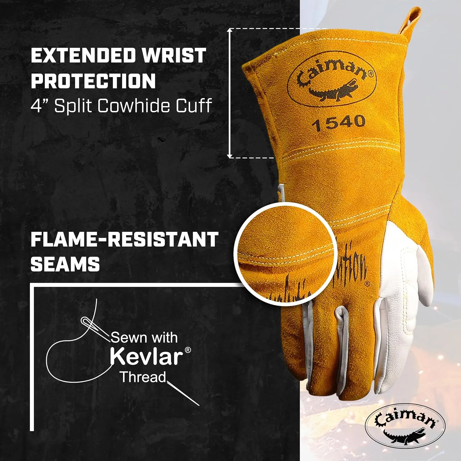Caiman Premium Goat Grain TIG/Multi-Task Welding Gloves, Split Cowhide Back, 4-Inch Extended Cuff, White/Gold, Small (1540-3)